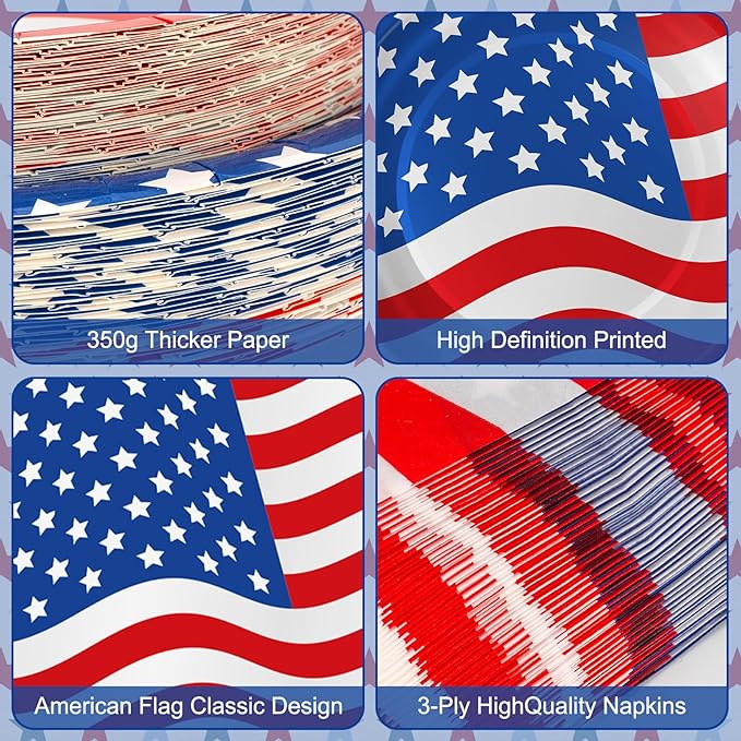 4th of July Plates and Napkins Sets - Patriotic American Flag Party Supplies Tableware, July 4th Disposable Paper Plates Napkins Set for Memorial Day, Independence Day Decorations Table Decor,Serve 50