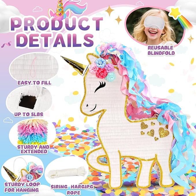 24" Large Rainbow Unicorn Pinata for Birthday Party, Large Magical White Unicorn Party Decorations with Gold Horn, Paper Mache Pinata for Candy Fillers, Pull String/Hit Game for Kids Girls Teens