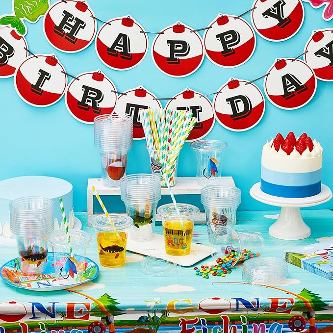 Boao 36 Sets Watercolor Gone Fishing Party Cups with Lids and Paper Straws 14 oz Disposable Clear Plastic Cups Bulk for Gone Fishing Birthday Party Favor Supplies Decorations