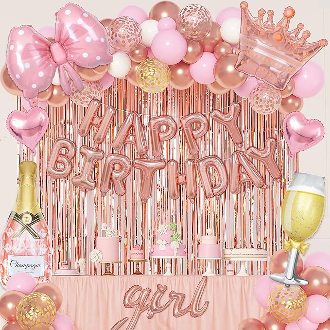 Ouddy Life Rose Gold Birthday Decorations for Women Girls, Happy Birthday Champagne Bottle Crown Heart Bow Foil Confetti Balloons Fringe Curtains Paper Tassel for 16th 18th 21st 24th Birthday Decor