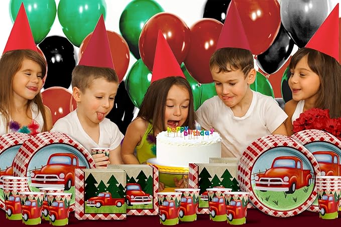 Red Vintage Pickup Truck Birthday Party Supplies Set Plates Napkins Cups Tableware Kit for 16