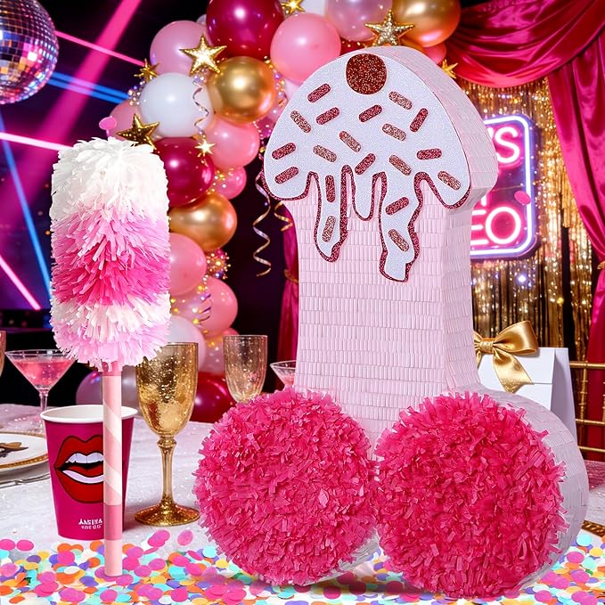 Pink Pinata for Bachelorette Party Decorations - Funny Lingerie Piñata for Bridal Shower, Hen Party, Breast Cancer Awareness Event, Girls Night Out - Includes Stick, Mask & Confetti