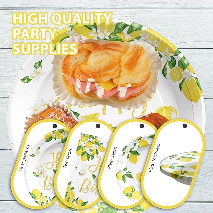 Grencian 96PCS Lemon Party Decorations Lemon Birthday Party Plates Disposable Yellow Lemons Paper Tableware Set for Lemon Birthday Lemon Baby Shower Summer Fruit Themed Party, Serves 24
