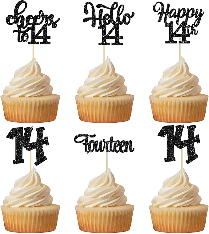 30Pcs 14th Birthday Cupcake Toppers Hello 14 Cupcake Picks Fourteen Cheers to 14 Years Old Cake Decorations for 14th Birthday Anniversary Party Supplies Black Glitter