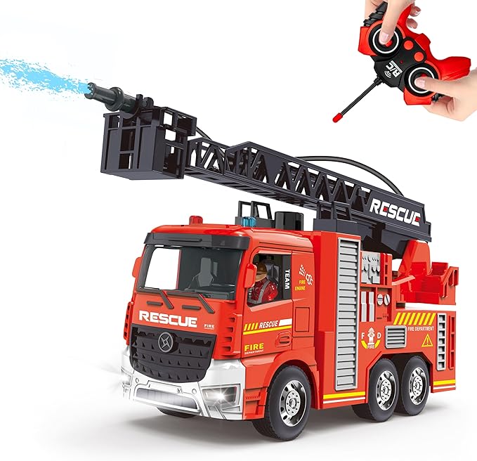 Remote Control Fire Truck Toy - Fireman Fire Truck with Jet Pump and Lights, Red Toy for 3 Year Old Boys, Girls and Toddlers
