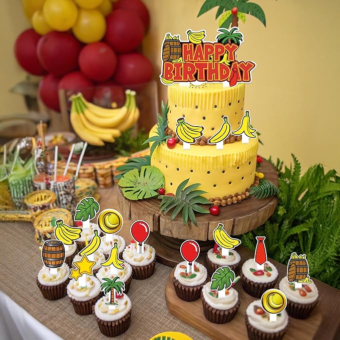HOMEZZO Jungle Theme Cupcake Toppers Set, 25 PCS Tropical Banana Barrel Picks for Safari Baby Shower Kids Birthday Party Supplies