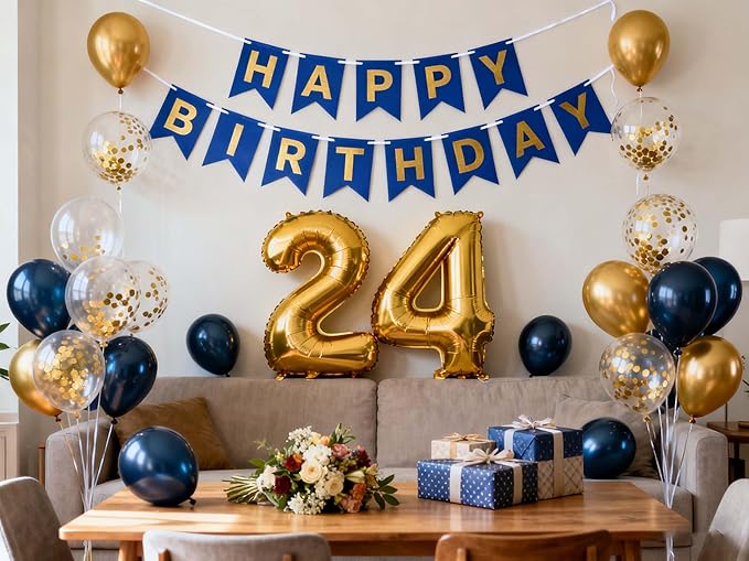 24th Birthday Decorations for Men, Blue Birthday Banner Gold Number 24 Foil Confetti Balloons Metallic Latex Confetti Balloons for Men Him Women Her 24 Years Old Birthday Supplies(24th)