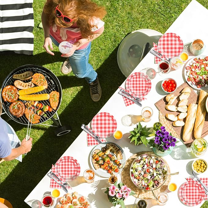 180Pcs Red Gingham Party Supplies Paper Plates and Napkins Serve 60 Disposable Tableware Set for Birthday Party Decorations Game Day Family Holiday Sports Events