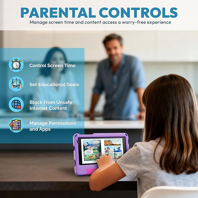 Contixo A7 Kids Tablet with 14 Apps, Lingokids & Epic, 7" HD Screen, Android 15, Parental Controls, WiFi, 3+32GB Storage, al Tablet for Kids Ages 3-12, Boys & Girls Gift, Purple