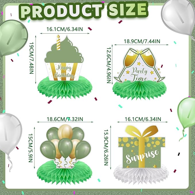Yexiya 8 Pcs Sage Green Birthday Centerpiece Table Decoration, Happy Birthday Honeycomb Centerpieces Honeycomb Table Toppers for Men Women Party Supplies