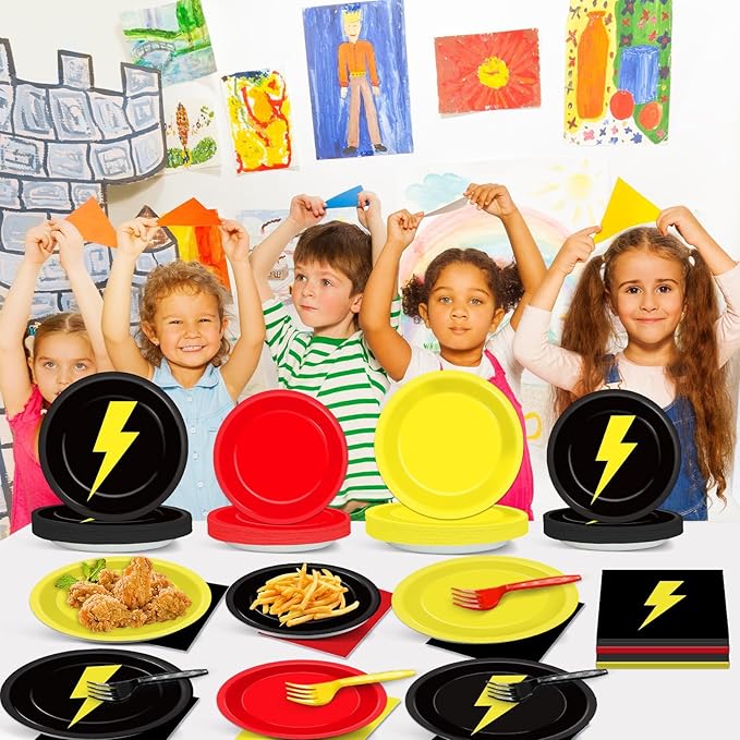 96PCS Red Black Yellow Birthday Party Decorations Cartoon Game Paper Plates Napkins Lightning Tableware Supplies Cartoon Animated Dinnerware for Birthday Table Party Favors