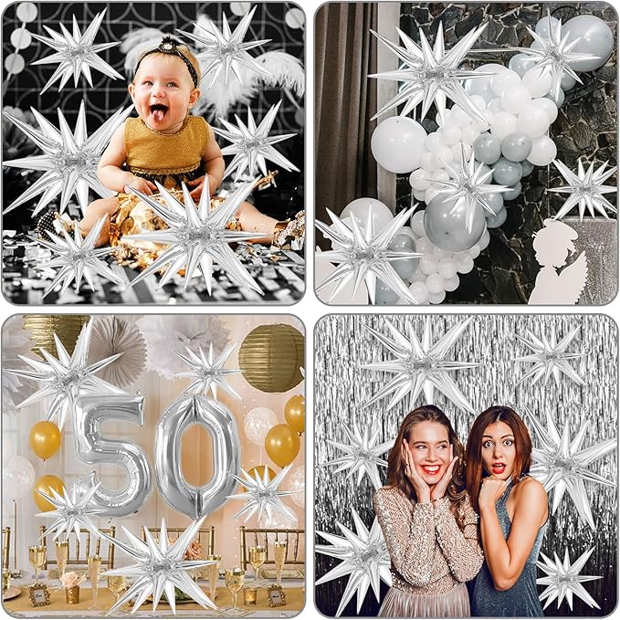 10 Pcs Silver Star Balloons Explosion Balloons Foil Cone Balloon Magic for Birthday Wedding Anniversary Party Backdrops Decorations Supplies, 6 Pcs 22 Inches and 4 Pcs 27 Inches