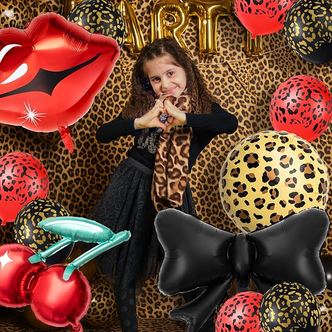 Realspring 18 Pcs Red and Black Party Decorations Kit 12 Leopard Cheetah Print Birthday Balloons Cherry Cheetah Red Lips Black Bow Foil Balloons for Kiss the Miss Goodbye Baby Shower Retro Party