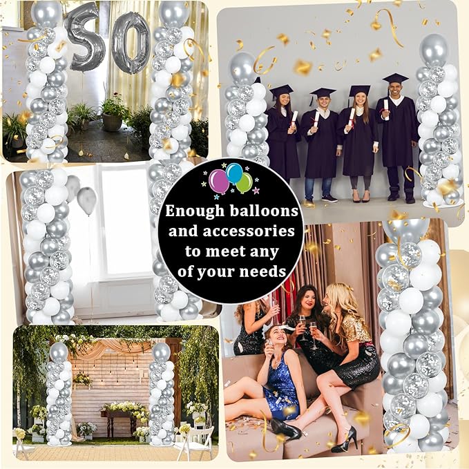 2 Sets Disco Silver White Balloon Column Stand Kit with 100 Balloons Silver Balloon Tower Stand with Bases for Floor Confetti Balloons Column Kit for Wedding Graduation Birthday Disco Party Decor