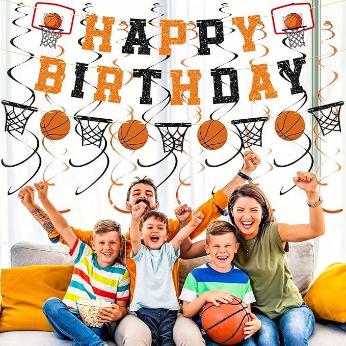 Pre-Strung Basketball Birthday Party Decorations, NO DIY Glitter Happy Birthday Banner, Paper Garland, Black and Orange Hanging Swirls, Basketball Theme Party Supplies