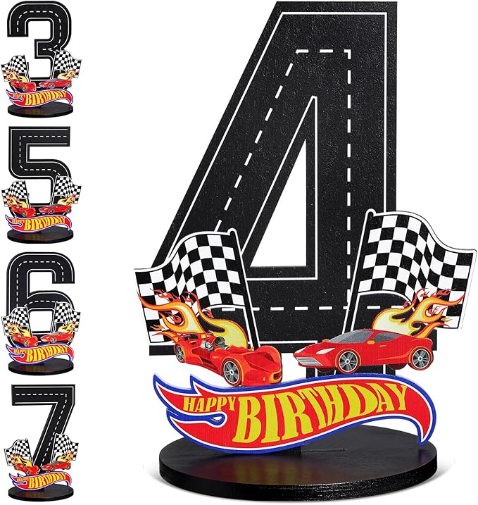 Race Car 4th Birthday Number Sign Centerpiece Race Car Theme 4th Birthday Party Supplies Wooden Table Decoration Photo Props for Boys Four Years Old