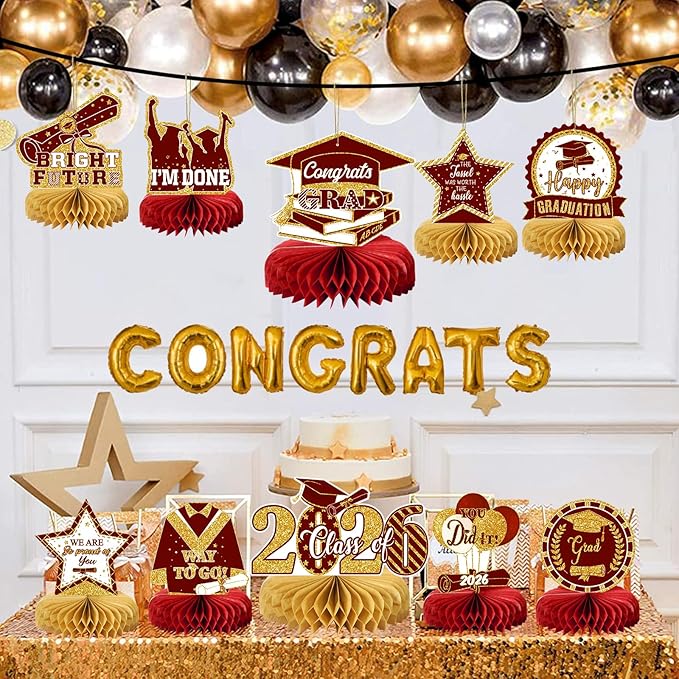 10PCS Graduation Party Decorations Class of 2026 Congrats Grad Table Centerpieces Congratulate Graduation Honeycomb Table Toppers for Graduation Party Supplies(Maroon Gold)