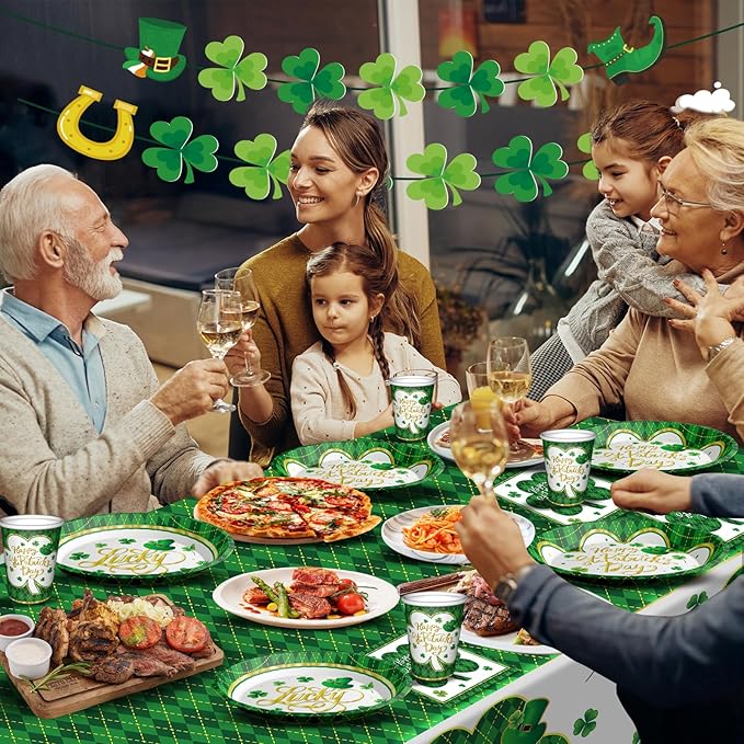 St. Patrick's Day Party Supplies Tableware Set Irish Themed Tableware with Lucky Shamrock Paper Plates Napkins Cups Tablecloth Banner for St. Patrick's Day Party Decorations, Serves 24