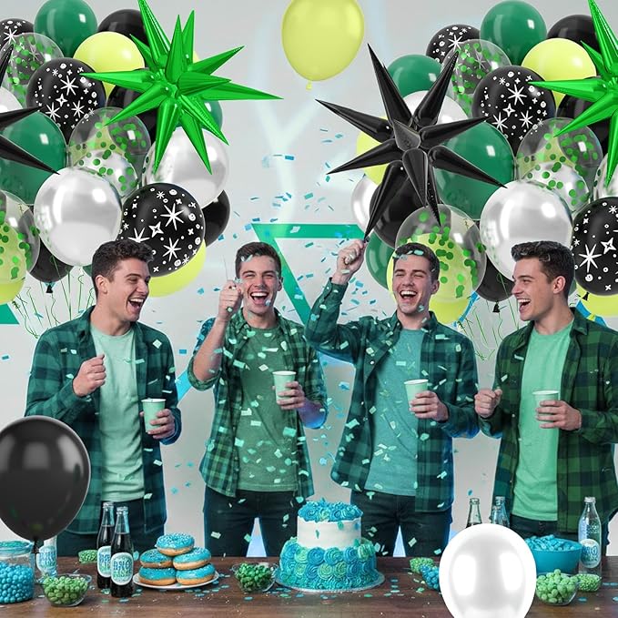Black and Green Balloons, 12 Inch Space Party Decorations Green Black Silver Galaxy Print Foil Balloons for Alien Space Theme Galaxy Birthday Party Decorations
