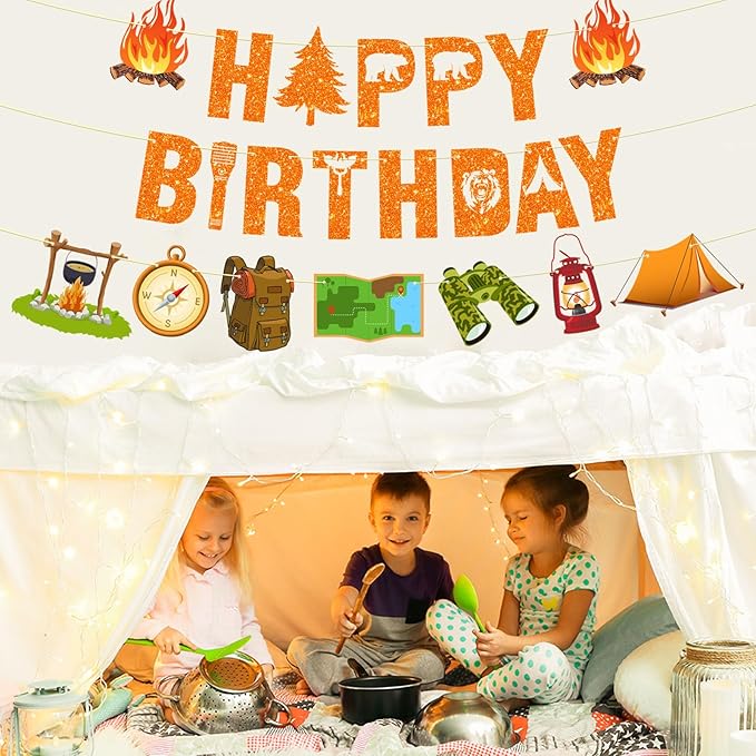 Pre-Strung Camping Party Decorations, NO DIY Glitter Happy Birthday Banner Camping Themed Baby Shower Supplies