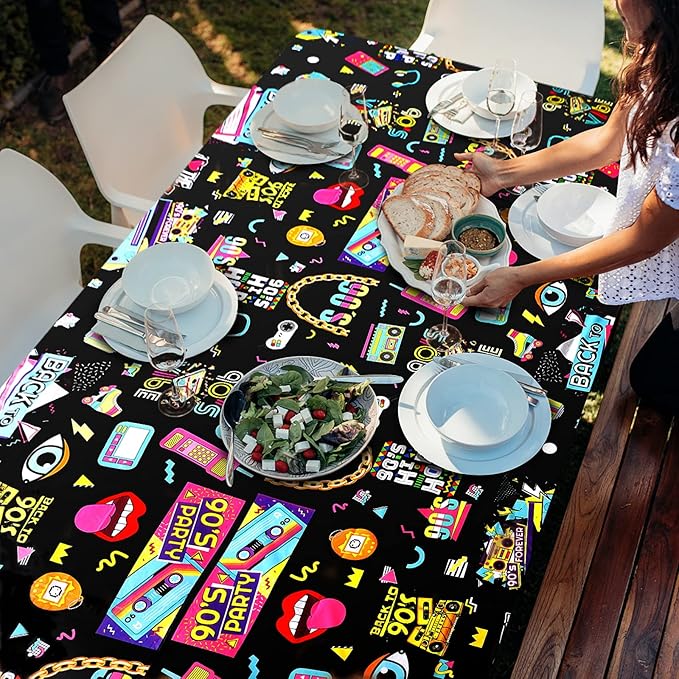 3 Pack 90’s Party Tablecloth, Back to 90s Hip Hop Party Birthday Table Cover for 1990s Theme Party Decorations Supplies