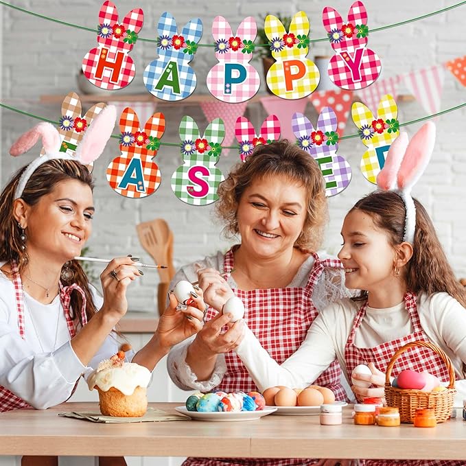 CC HOME Happy Easter Checkered Rabbit Banner Colorful Checkered Party Hanging Banner Easter Theme Birthday Bridal Wedding Baby Shower Boys Girls Kids Home Classroom Party Supplies Decoration