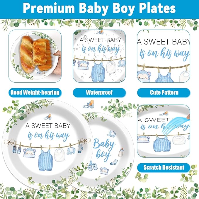 96Pcs Greenery Baby Shower Plates and Napkins Decoration Watercolor Blue Baby Boy Party Tableware Dinnerware Set A Sweet Boy Is On His Way Paper Plates for Gender Reveal Party Supplies Serve 24 Guests