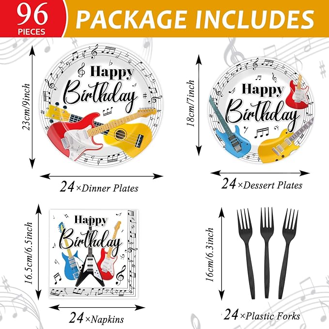 gisgfim 96Pcs Music Birthday Party Supplies Paper Plates Napkins Music Guitar Party Tableware Set Music Disposable Dinnerware Decorations Favors for Boys Girls Serves 24