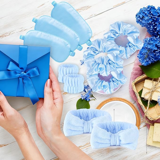 72 Pcs Blue Spa Sleepover Party Supplies for Girls With DIY Stickers And Greeting Card Pink Headband Wristbands Eye Mask Hair Scrunchie Tote Bag Sleeping Slumber Party Favors