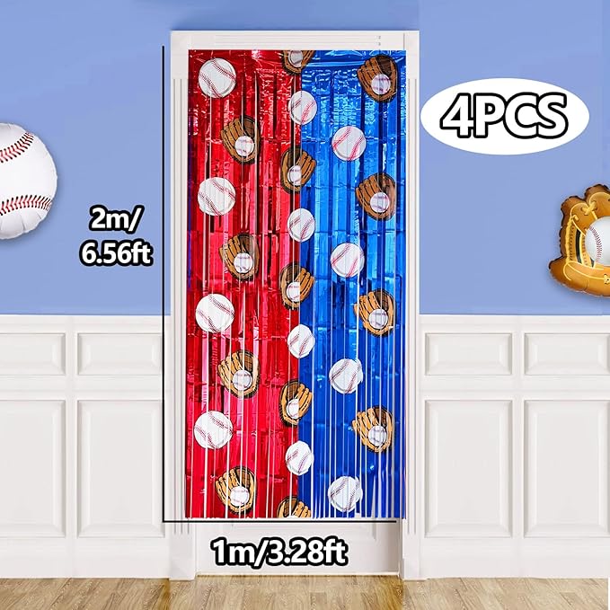 4 Pack Baseball Tinsel Foil Fringe Curtains Backdrop Party Decorations, Blue and White Red Door Streamers Banner Sports Themed Birthday Party Decor Supplies for Boys Favor