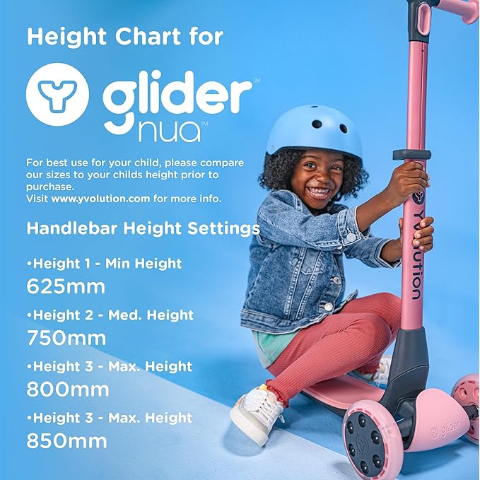 Yvolution Y Glider Nua 3-Wheel Kids Scooter – Adjustable Height, Arc-Folding Handlebar, LED Light-Up Front Wheels, Extra-Wide Deck, Ages 3-10