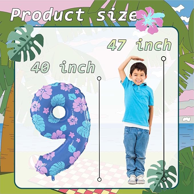 40 Inch Number 9 Balloon Leaf and Flower Birthday，9th Birthday Decorations for Kids' Parties Hawaii Party Supplies Favor Pink and Blue