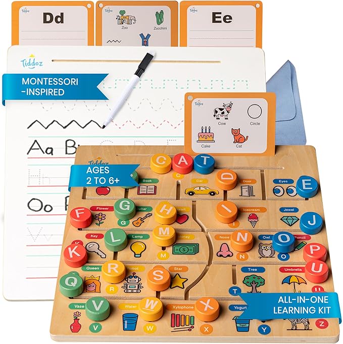 Learn ABC, Reading & Handwriting with Maze&Trace 3in1 Montessori Educational Wooden Board Toy & Flashcards with 100+ Sight Words for Boys & Girls Age 2 3 4 5 6 STEM & Fine Motor Skills Growth