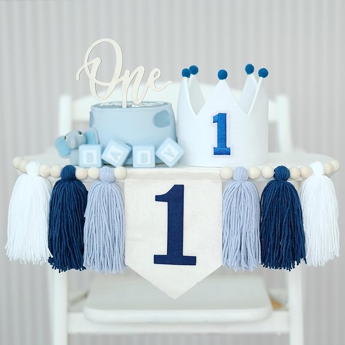 Baby Boy Blue White 1st Birthday Highchair Banner Wood Bead Tassel Garland Crown Hat Wooden Cake Topper Photo Backdrop