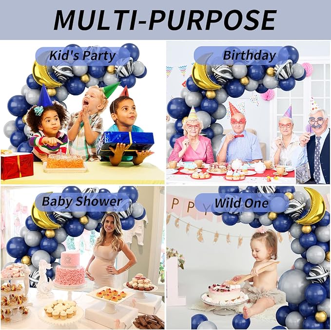 Outer Space Astronaut Balloon Garland Arch Kit Pearl Navy Blue Onyx Black Gray Gold Latex Balloons with Moon Foil Balloon Galaxy Starry Night to the Moon DIY Birthday Party Decoration Baby Shower