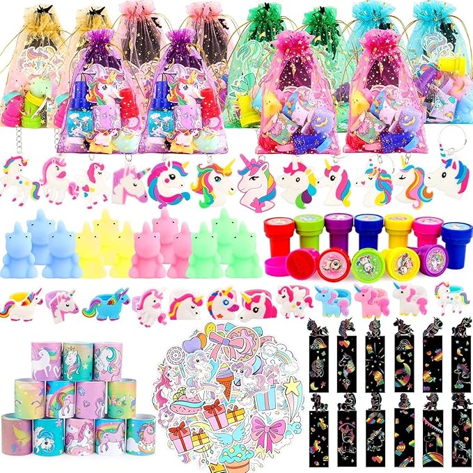 ANPHILE Unicorn Party Favors, 134 Pcs Unicorn Birthday Party Decorations Goodie Bags Keychains Slap Bracelets Stickers Rings Pinata Fillers for Birthday Party