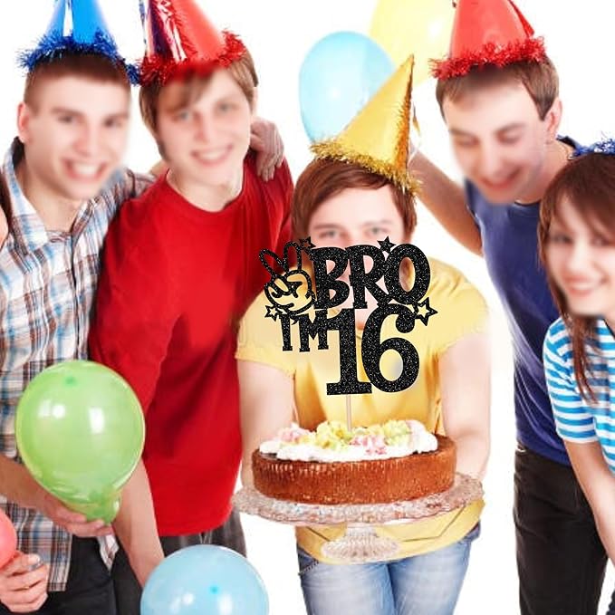 1 PCS Brother I'm 16 Cake Topper Glitter Star Happy 16th Birthday Cake Pick Bro I'm 16 Cake Decoration It's My 16th Birthday Decorations for Boys Cheers to 16 Years Old Birthday Party Supplies Black