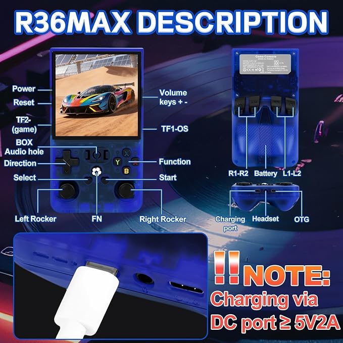 R36MAX Handheld Game Console - 4.0-Inch Screen, Support 22000+Classic Games,128G TF Card,Portable Console with Open Source System,4000mAh Battery,Birthday Gift for Adult or Partner - Blue