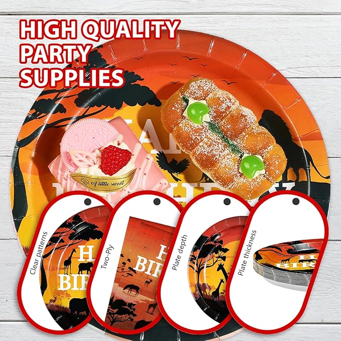 96Pcs African Safari Birthday Party Decorations Savanna Sunset View Plates and Napkins African Forest Jungle animals Scenic Tableware Set for Safari Theme Birthday Party Favors，Serves 24