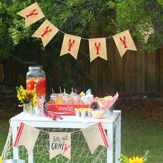 Burlap Crawfish Banner Red Lobster Garland Crawfish Boil Decorations for Birthday Lobster Festival Barbecue Party Supplies Indoor Outdoor Welcome Sign Mantle Fireplace Decoration