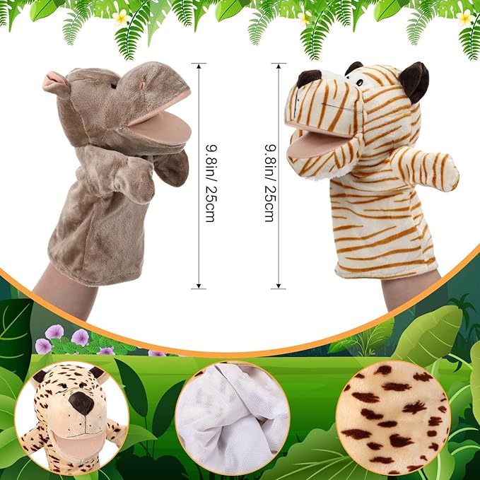 4 Pcs Hand Puppet Animal with Working Mouth 9.8 Inch Animal Puppet Soft Plush Toy for Storytelling Theater Preschool Birthday Gifts(Leopard, Hippo, Lion, Tiger)