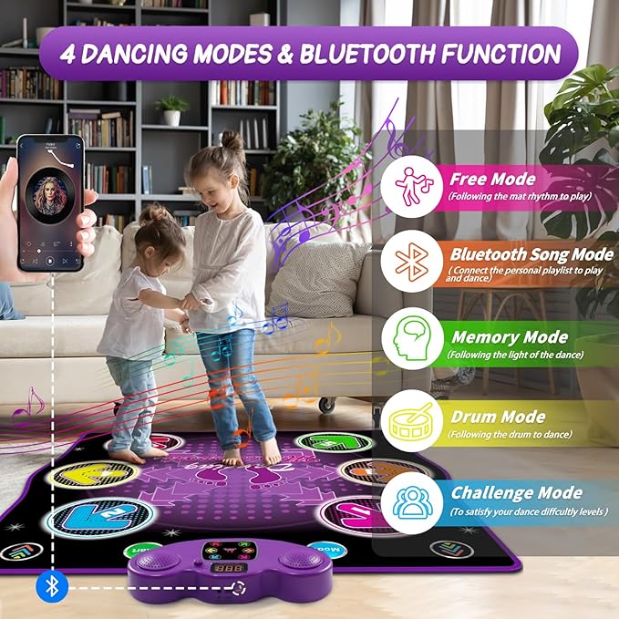 Kids Dance Mat Toy with 2 Gesture-Sensing Wristbands - Wireless Bluetooth Light-Up 6-Key Electronic Dance Pad, 6 Games & Music Modes, Birthday Gift for Girls Boys