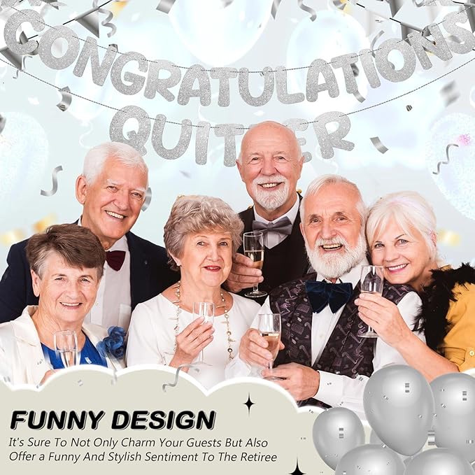 Fulmoon Pre Strung Congratulations Quitter Glitter Banner Funny Retirement Banner Graduation Party Decorations Going Away Supplies Garland for Men Women Gifts, No DIY(Silver)