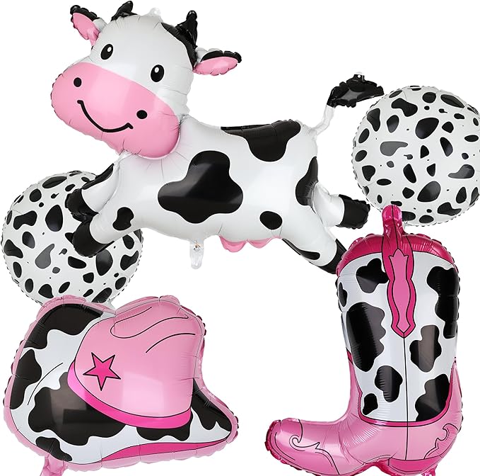 Big Cow Balloons Cow Print Cowgirl Boot Balloons Cowgirl Hat Balloon Western Let's Go Girls Disco Last Rodeo Bachelorette Theme One 1st Birthday Party Decor Supplies 5 Pcs Large