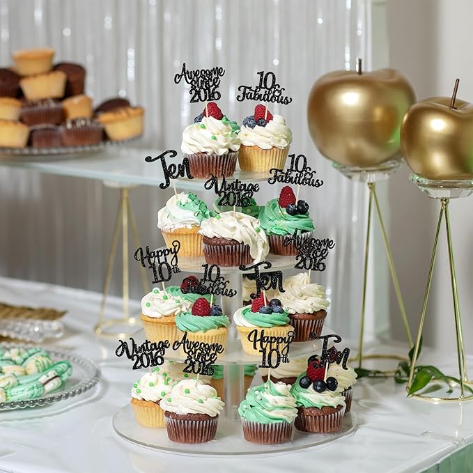 30Pcs Happy 10th Birthday Cupcake Toppers Glitter Ten Vintage 2016 Cupcake Picks Cheers to 10 Fabulous Cake Decorations for 10th Birthday Wedding Anniversary Party Supplies Black