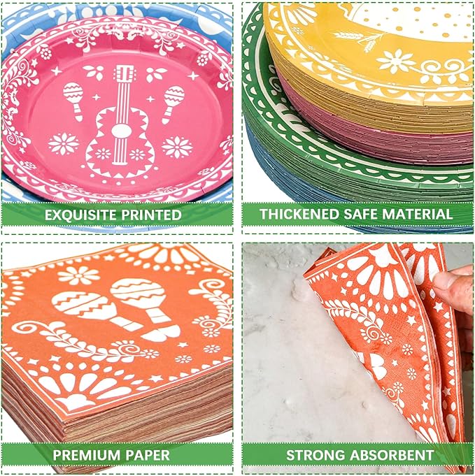 180PCS Mexican Fiesta Party Supplies - Serve 60, Cinco De Mayo & Mexican Fiesta Taco Birthday Party Decorations, Includes Dinner Plates, Dessert Plates, Napkins