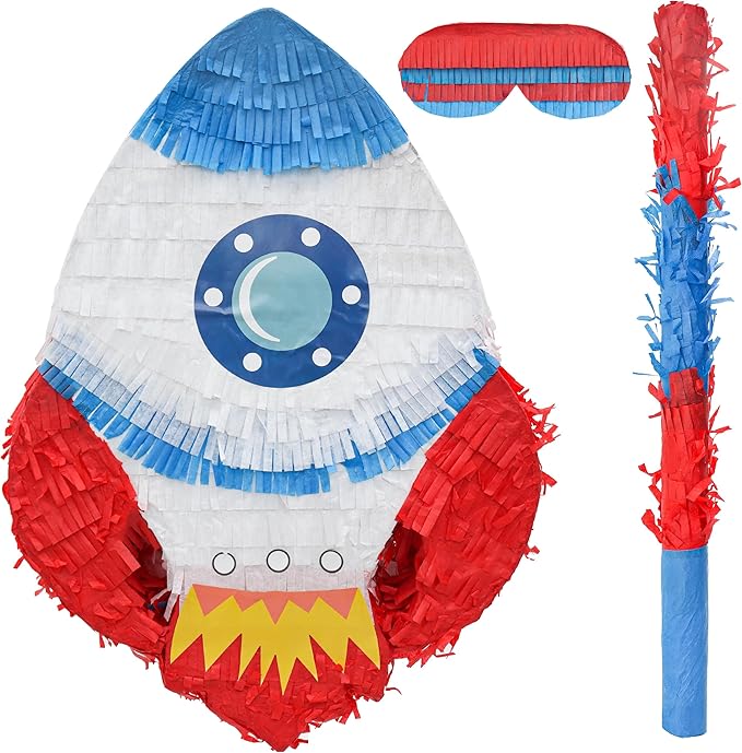 Rocket Pinatas Bundle with a Blindfold and Bat(16.5x11.4x4 Inches), Perfect for Boy's Birthday Party Supplies, Space Theme Birthday, Decoration for Kids Party