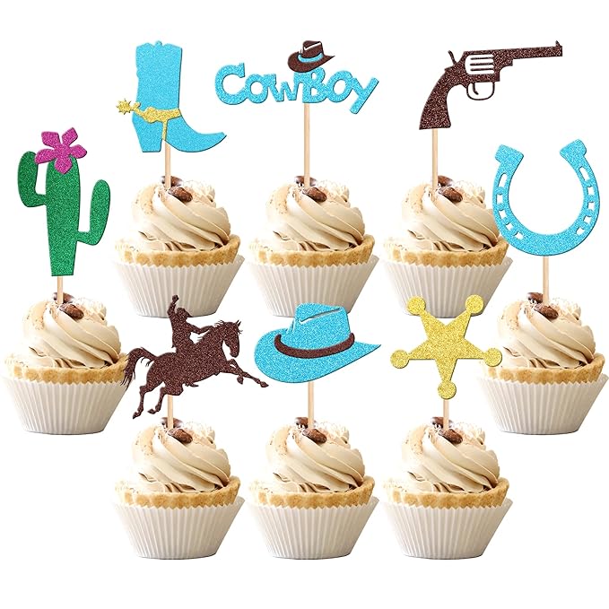 32 PCS Cowboy Cupcake Toppers Glitter HorseShoe Cowboy Hats Boots Cactus Gun Cupcake Picks Western Theme Baby Shower Boys Birthday Party Cake Decorations Supplies