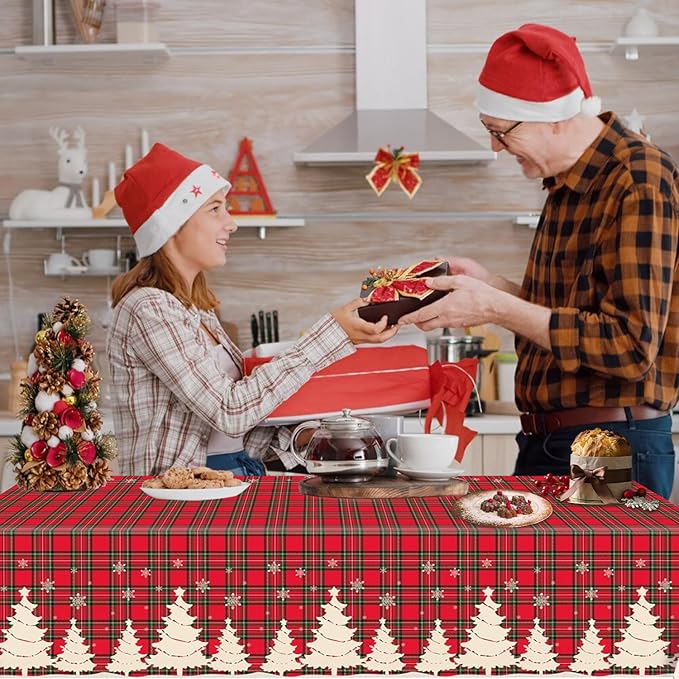 4 Pack Christmas Table Cloth Christmas Checkered Tablecloth Buffalo Plaid Table Cloth Christmas Party Table Cover Xmas Party Decoration with Christmas Tree and Snowflake 51 X 86 in