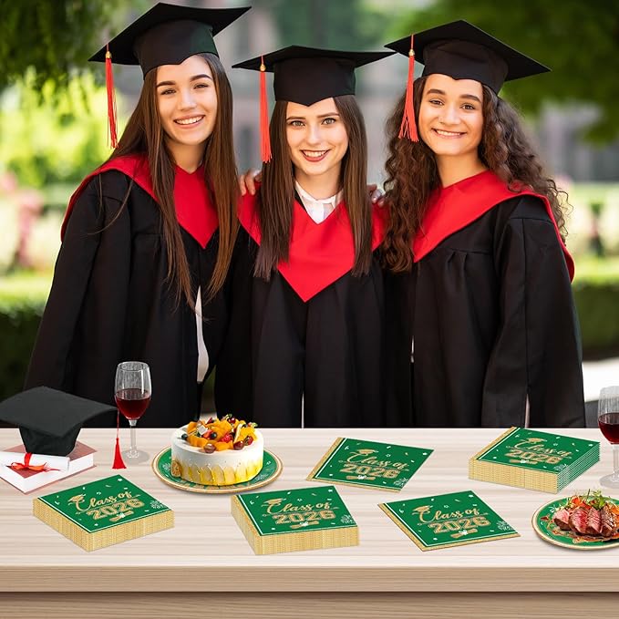 50 Pcs Graduation Napkins Class of 2026 - Green Gold Congrats Grad Napkins Set, 3-Ply Disposable Graduation Luncheon Dinner Party Paper Napkins for Graduations Party Supplies Table Decoration